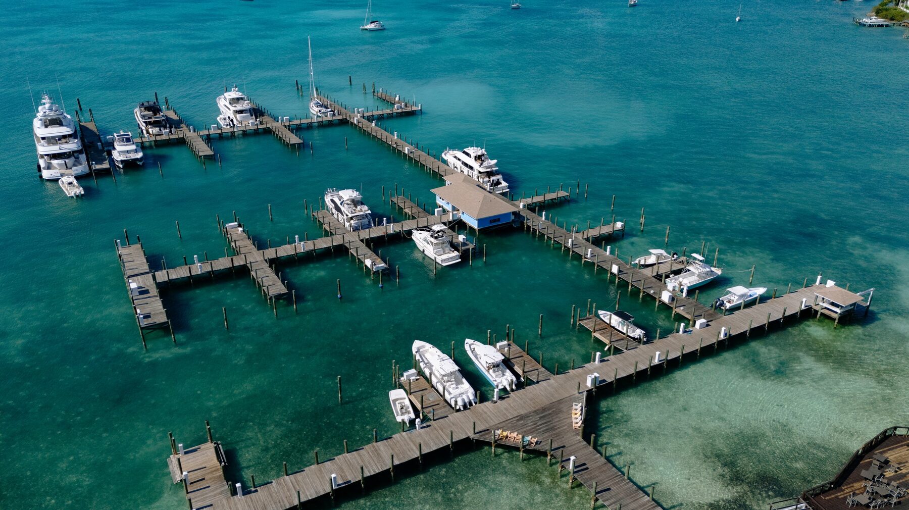 Aerial view of the Romora Bay marina on Harbour Island, Bahamas